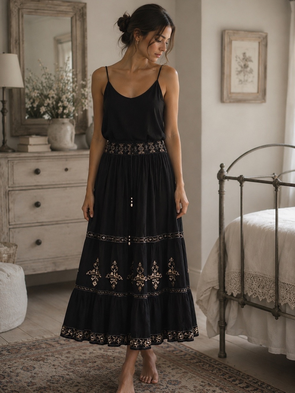ELIE TAHARI Black Embroidered Boho Tiered Maxi Dress Size Medium